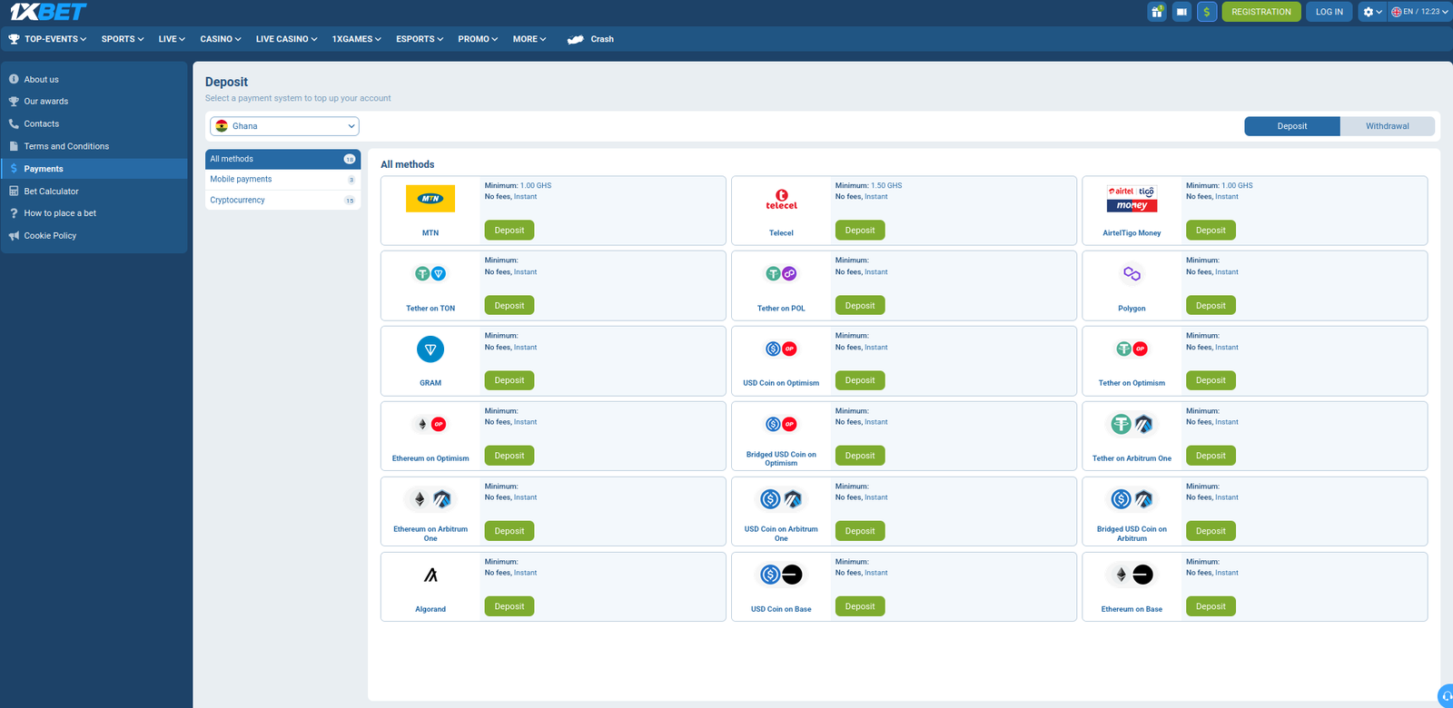 1xBet Ghana deposit page listing MTN, Telecel and AirtelTigo Money from GHS 1 plus 15 crypto options