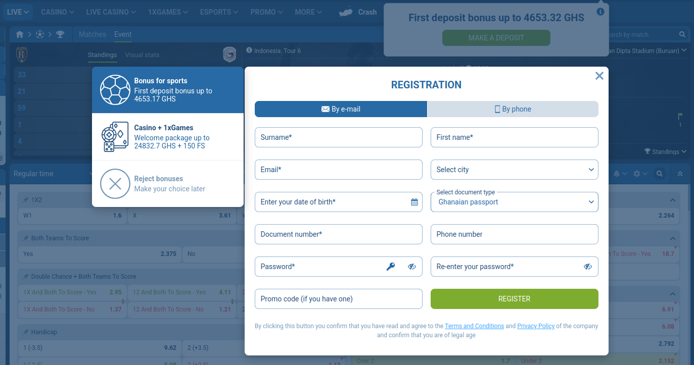 1xBet Ghana registration form by email with the sports bonus, casino bonus and reject-bonus options