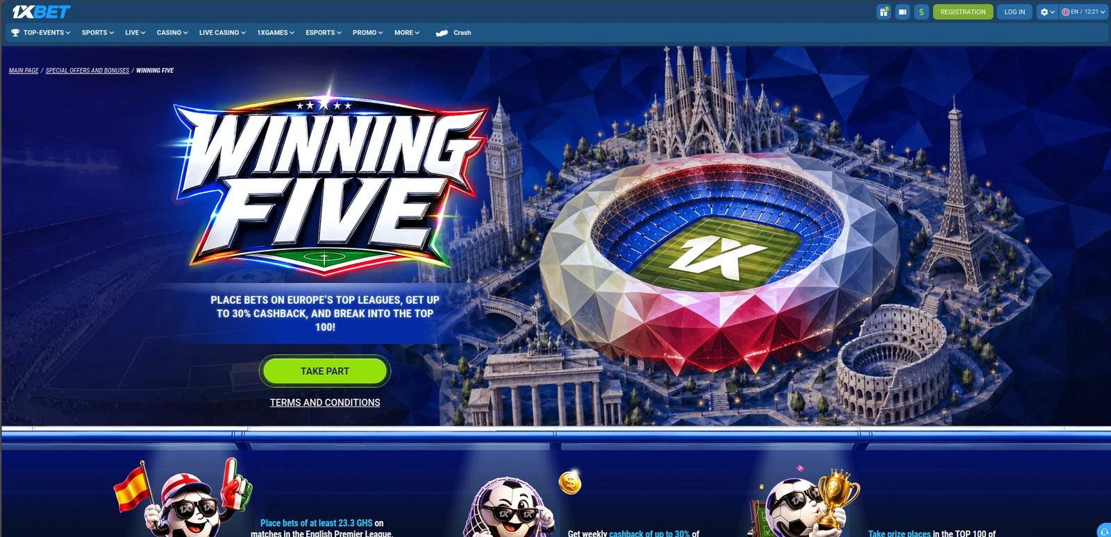 1xBet Winning Five promotion: up to 30% weekly cashback on Europe top-league bets and a top-100 leaderboard