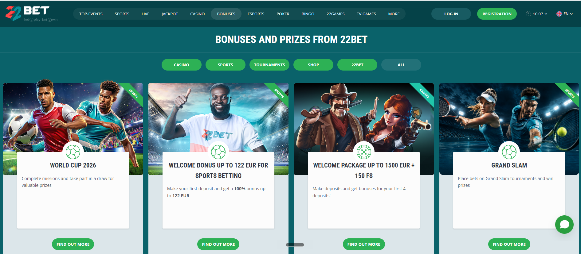 22Bet bonuses page: Welcome Bonus, World Cup 2026, Friday Reload and Sunday Mega Bonus