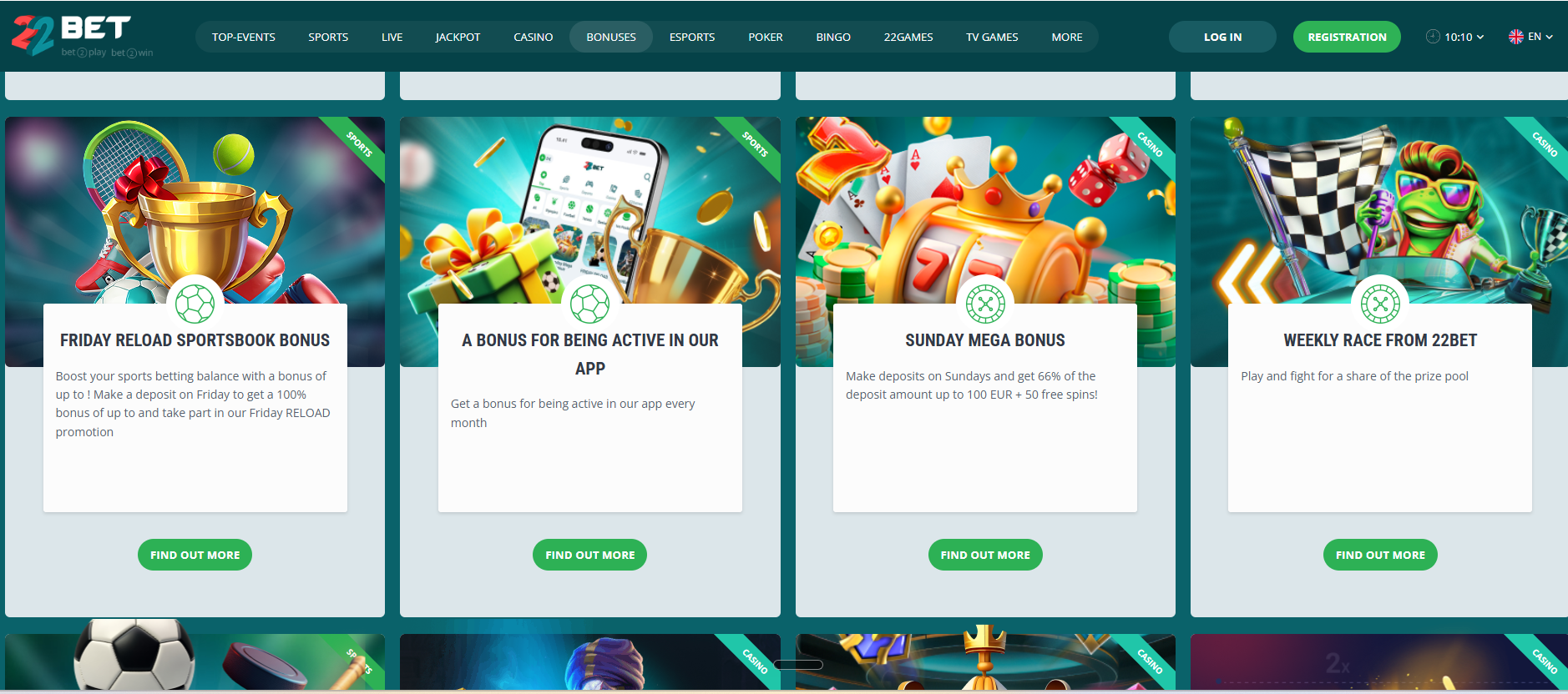 22Bet promotions page showing Friday Reload, App Bonus, Sunday Mega Bonus and Weekly Race