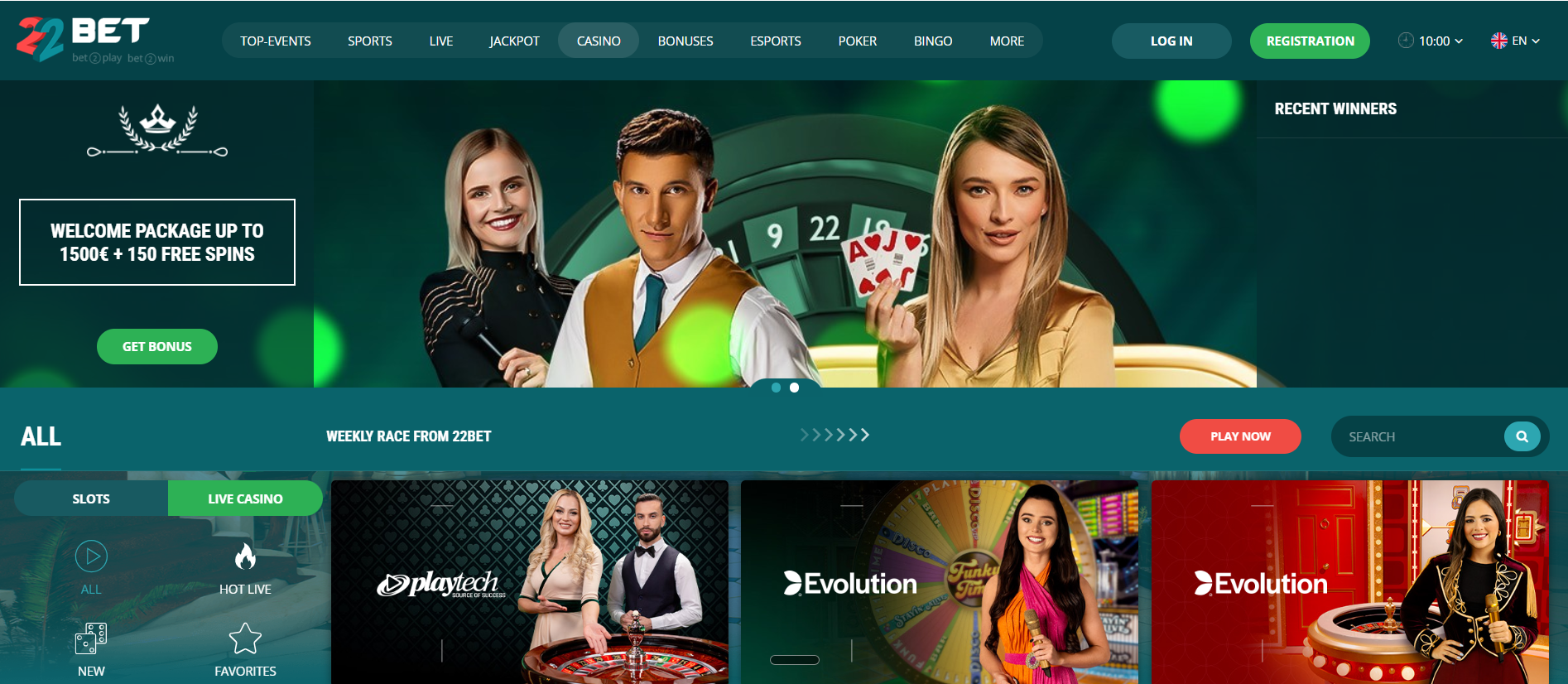 22Bet Ghana casino homepage showing Playtech and Evolution Gaming live tables