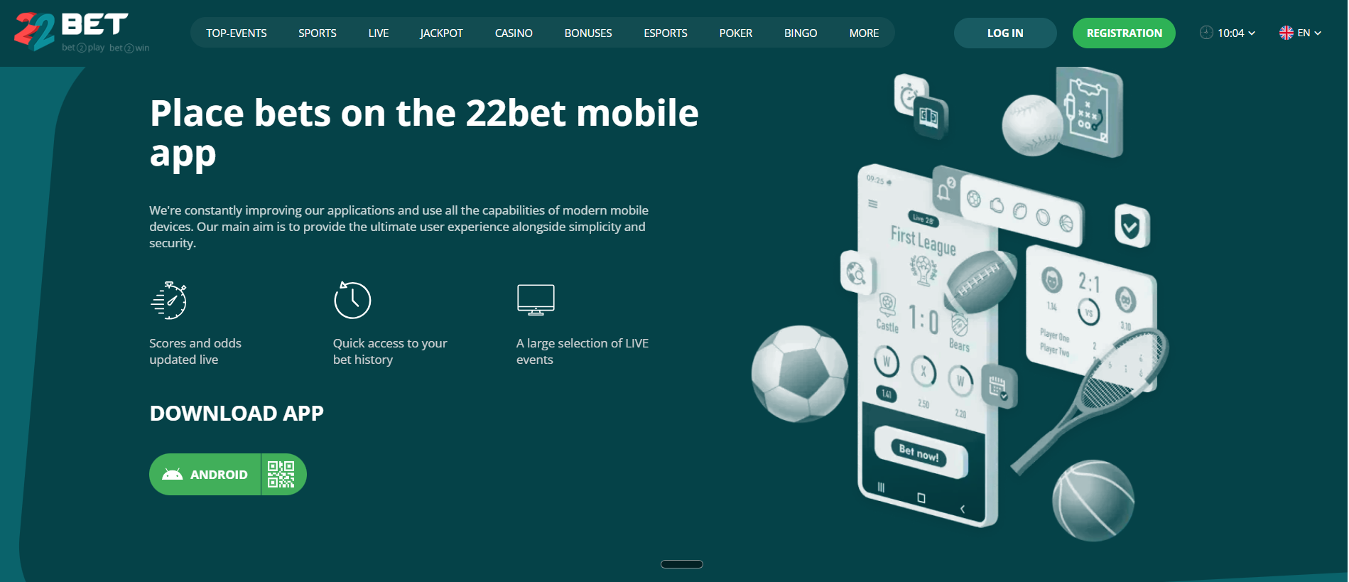 22Bet mobile app download page: Android APK with live scores and bet history