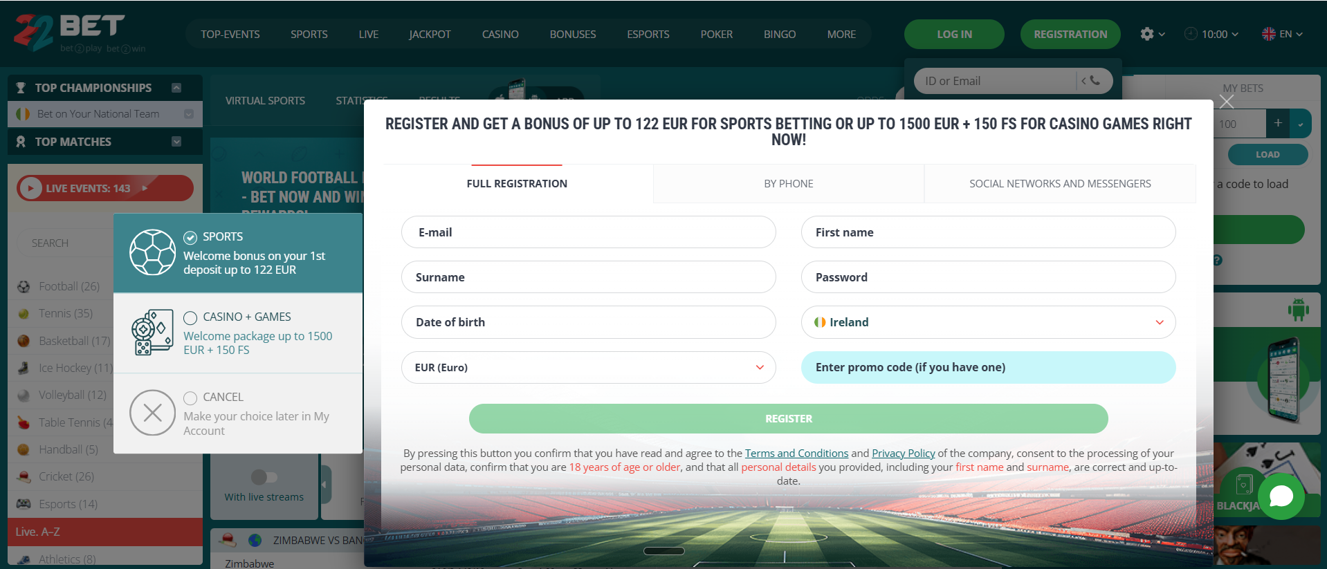 22Bet Ghana registration form showing Sports vs Casino bonus choice