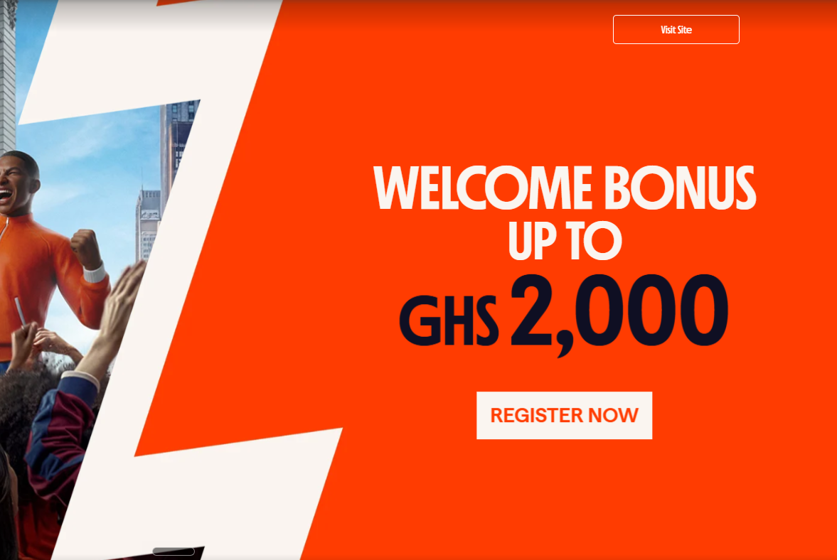 Betano Ghana welcome offer page showing Welcome Bonus up to GHS 2,000 in large type next to a Register Now button
