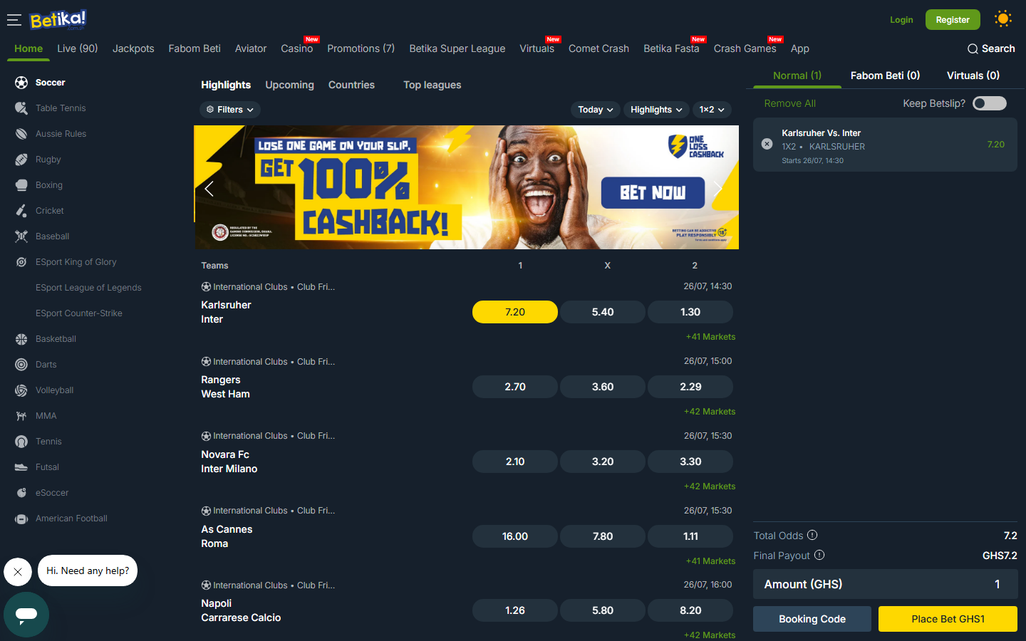 Betika Ghana bet slip with a selection at 7.20, amount field in GHS and the Place Bet GHS 1 button active