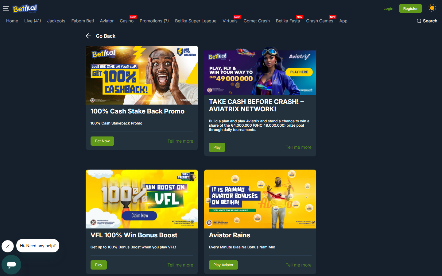 Betika Ghana promotions page showing 100% Cash Stake Back, Aviatrix tournament with GHC 49,000,000 pool, VFL Win Boost and Aviator Rains