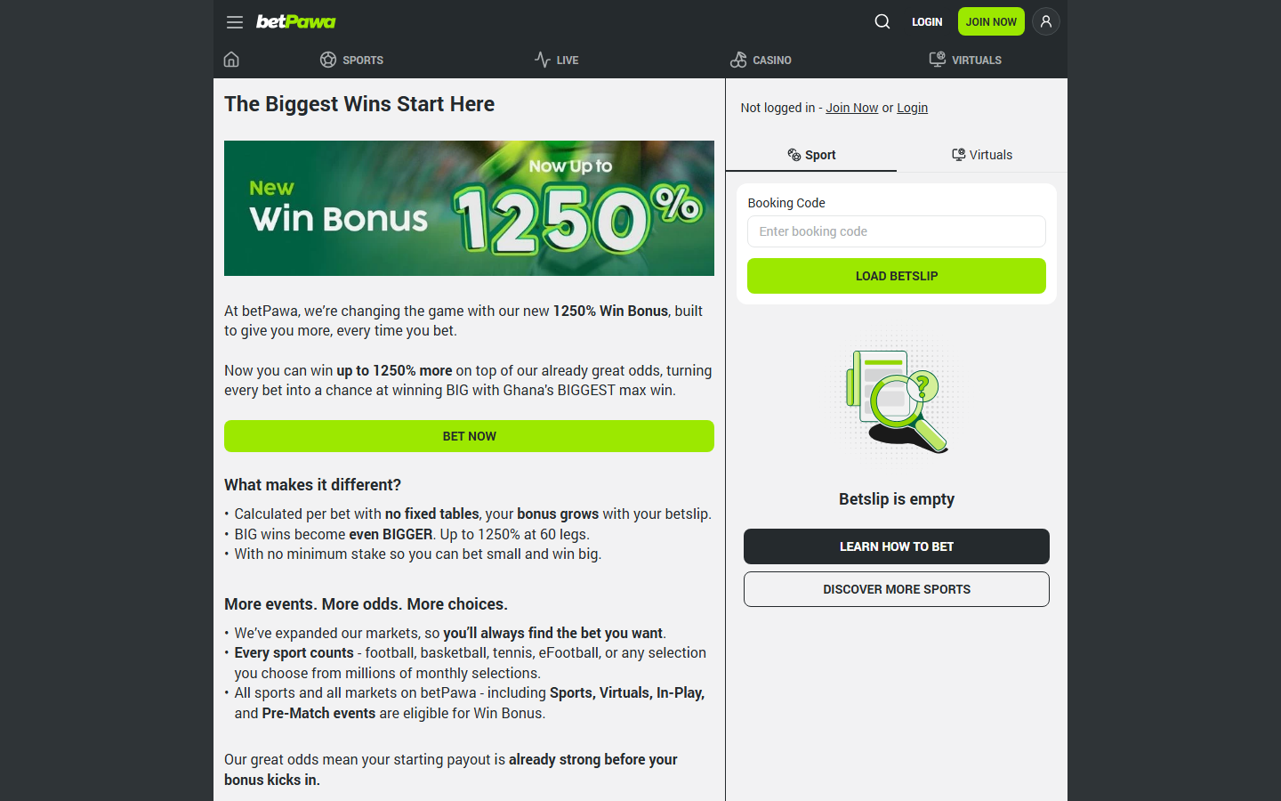 Betpawa Ghana Win Bonus page advertising up to 1250% more winnings, calculated per bet with no fixed tables and no minimum stake