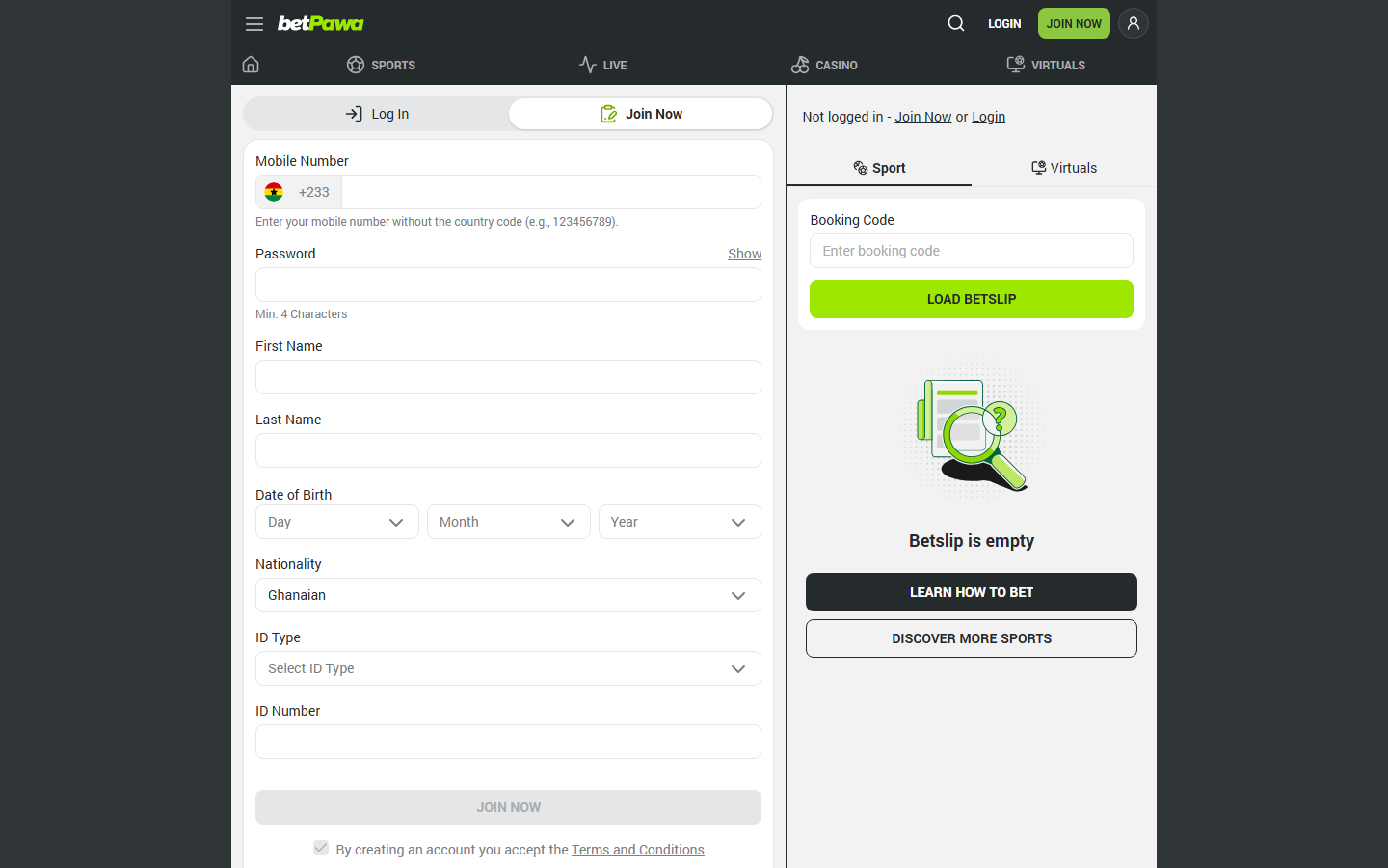 Betpawa Ghana Join Now form collecting +233 phone number, name, date of birth, Ghanaian nationality and ID type at signup