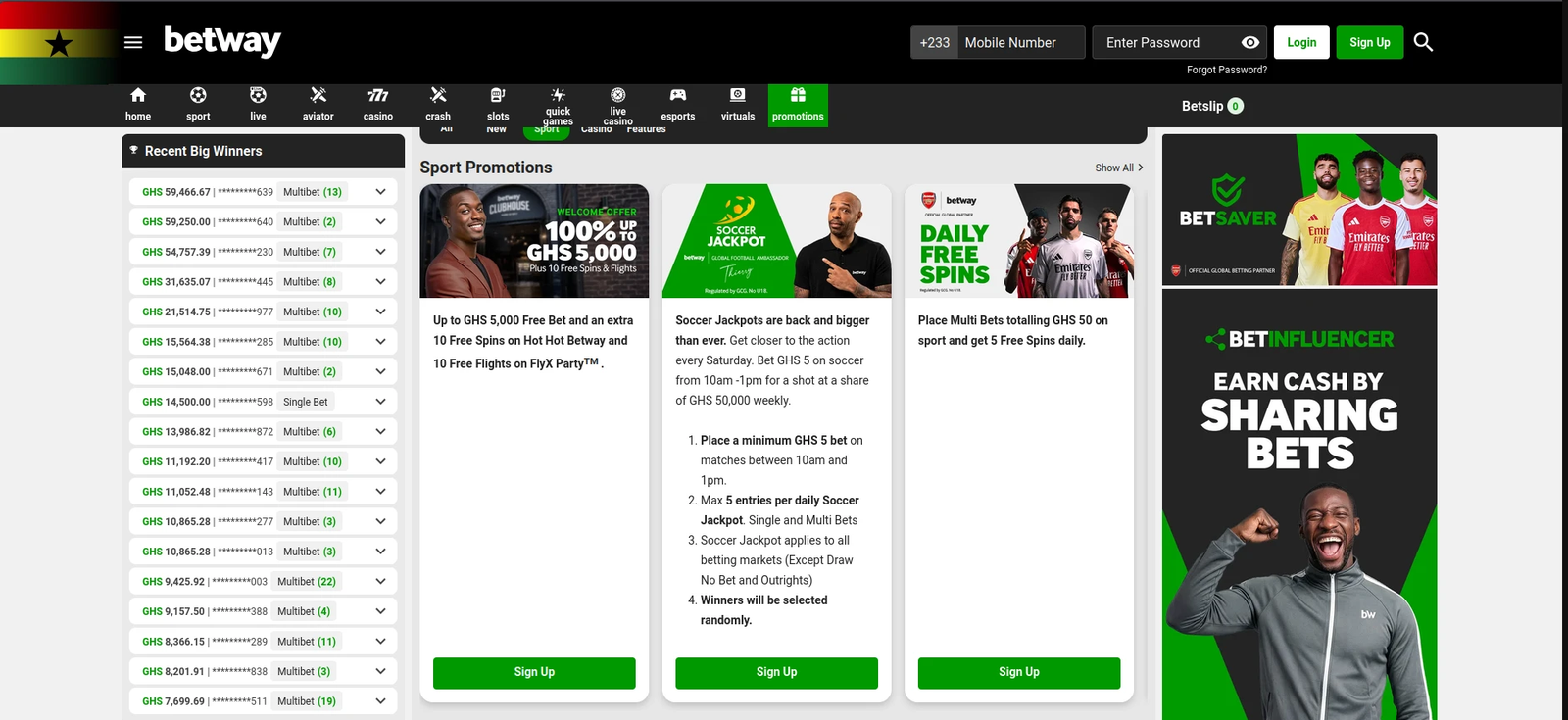 Betway Ghana sport promotions: welcome offer up to GHS 5,000, Soccer Jackpot and Daily Free Spins