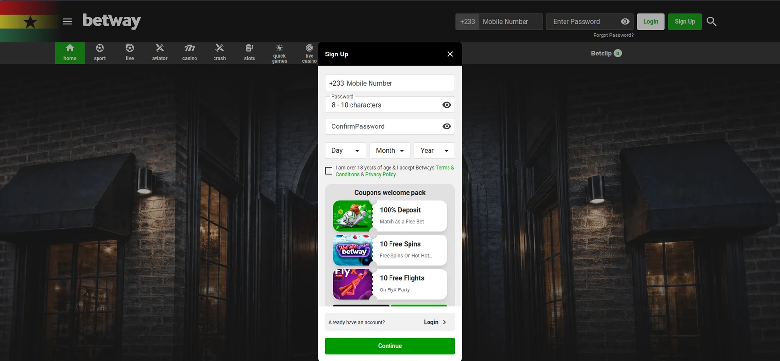 Betway Ghana sign-up form with the welcome pack: 100% deposit match as a free bet, 10 free spins and 10 free flights