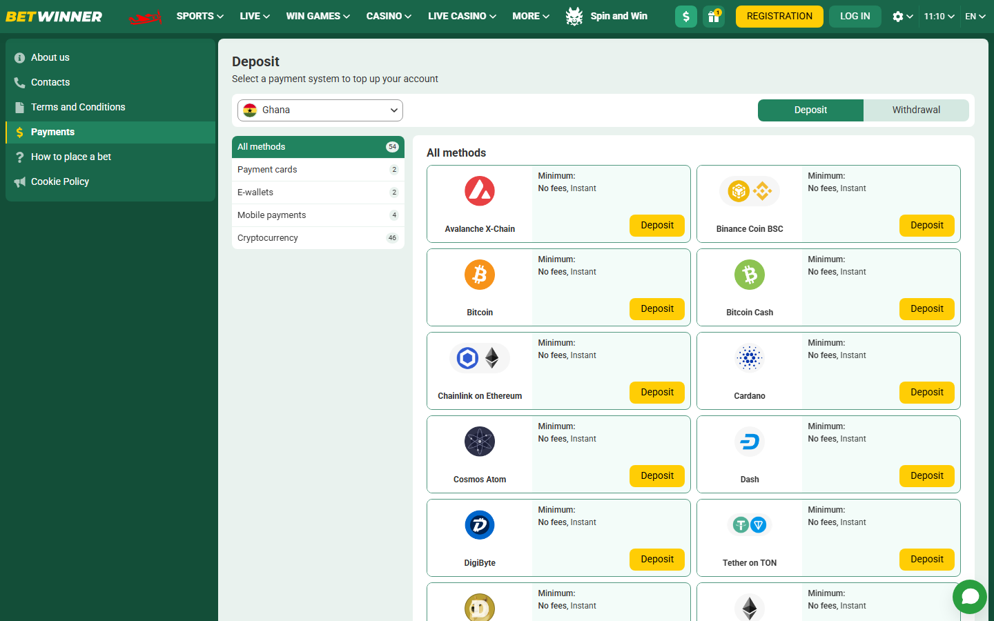 Betwinner Ghana deposit menu showing 54 payment methods: 4 mobile money options, payment cards, e-wallets and 46 cryptocurrencies, all no fees and instant