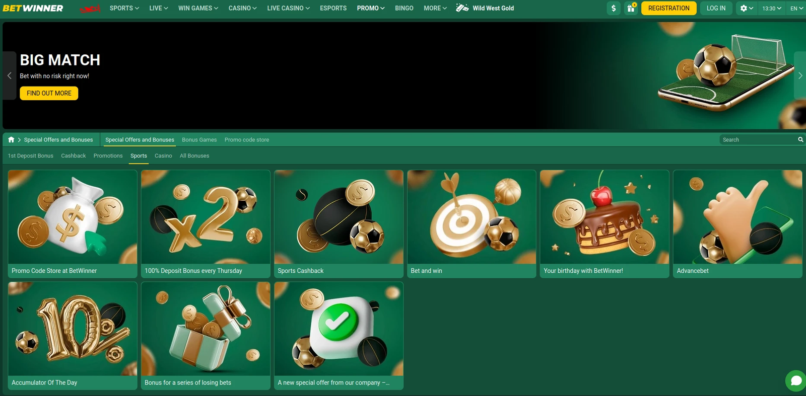 Betwinner Ghana sports promotions: Promo Code Store, 100% Deposit Bonus every Thursday, Sports Cashback, Bet and Win, Birthday bonus, Advancebet, Accumulator of the Day and a bonus for a series of losing bets