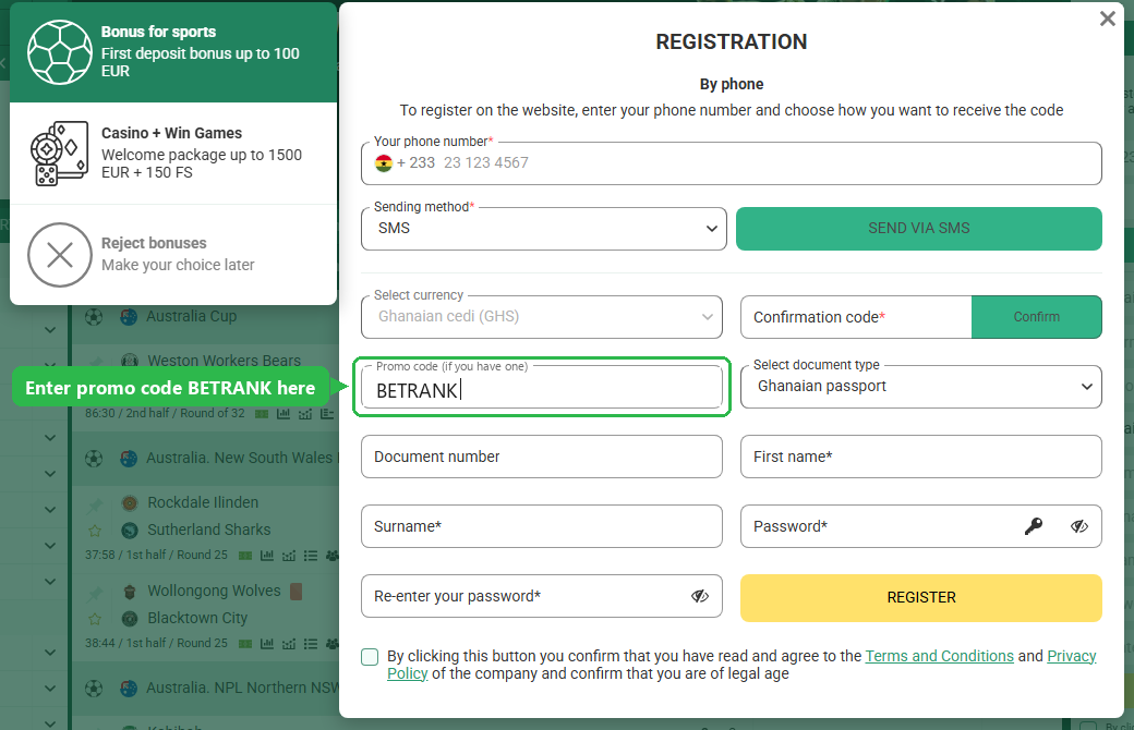 Betwinner Ghana registration form with promo code BETRANK typed into the highlighted Promo code field, +233 prefix and Ghanaian cedi preselected