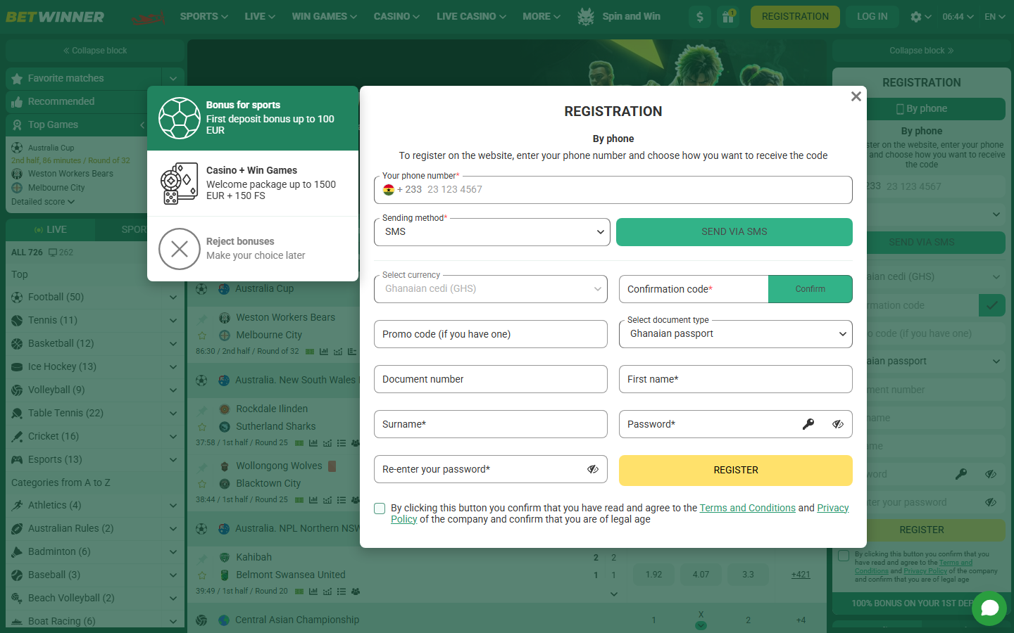 Betwinner Ghana registration by phone: +233 prefix, Ghanaian cedi currency and ID document fields in the signup form