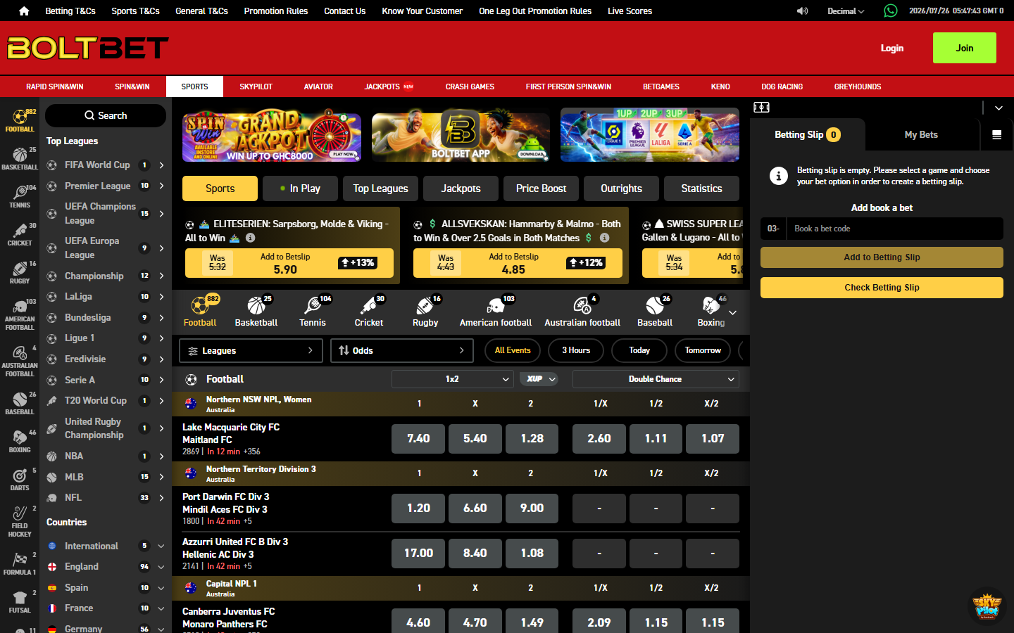 Boltbet Ghana sports lobby with Price Boost tab, In Play section, 1UP 2UP 3UP banner, 882 football events and the betting slip panel