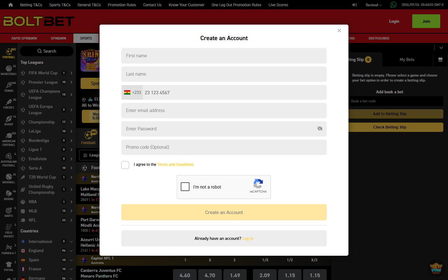 Boltbet Ghana Create an Account modal with +233 phone field, name, email, optional promo code and reCAPTCHA check