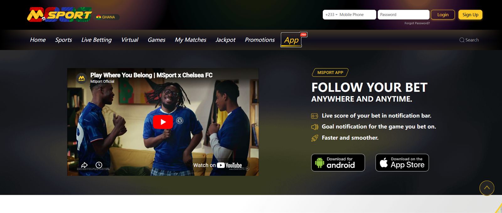 MSport app download page with Android and iOS buttons, live bet score in the notification bar and goal alerts