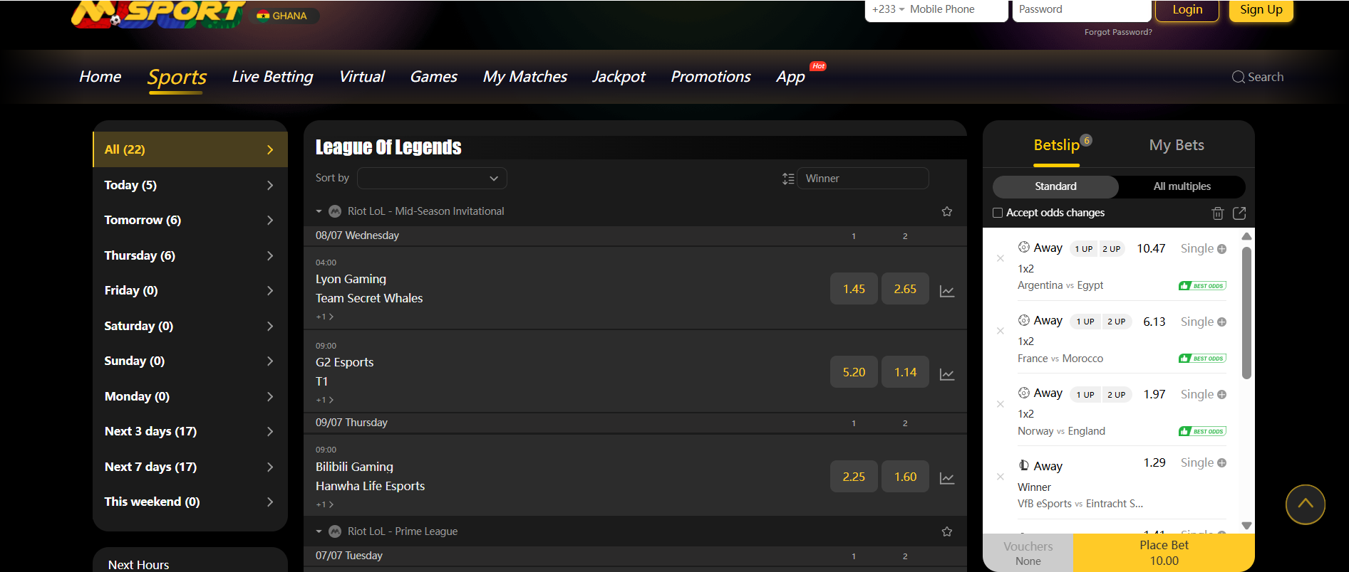 MSport bet slip with six selections and the Vouchers slot next to the Place Bet button