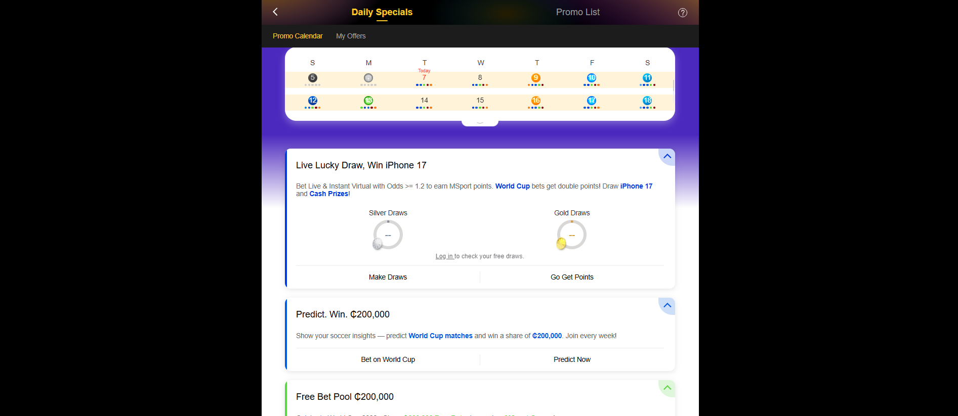 MSport Promo Calendar showing daily specials: Live Lucky Draw, Predict & Win, and Free Bet Pool