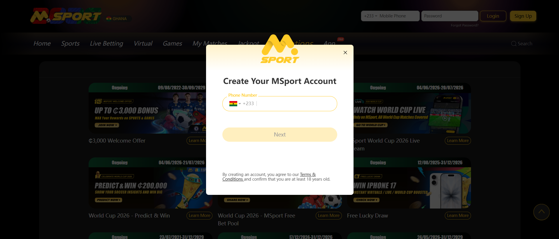 MSport Ghana registration: create your account with just a +233 phone number