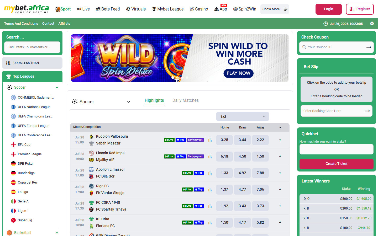Mybet.africa soccer highlights board with Live, Top and Early payout badges on fixtures, plus a Latest Winners panel showing cedi stakes and payouts