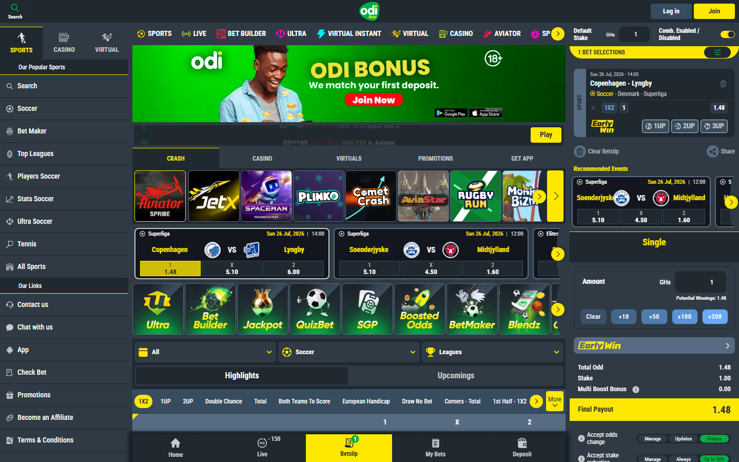 Odibets Ghana betslip with a 1.48 selection showing EarlyWin 1UP 2UP 3UP buttons, GHS 1 default stake and final payout, with Aviator and JetX crash games in the lobby