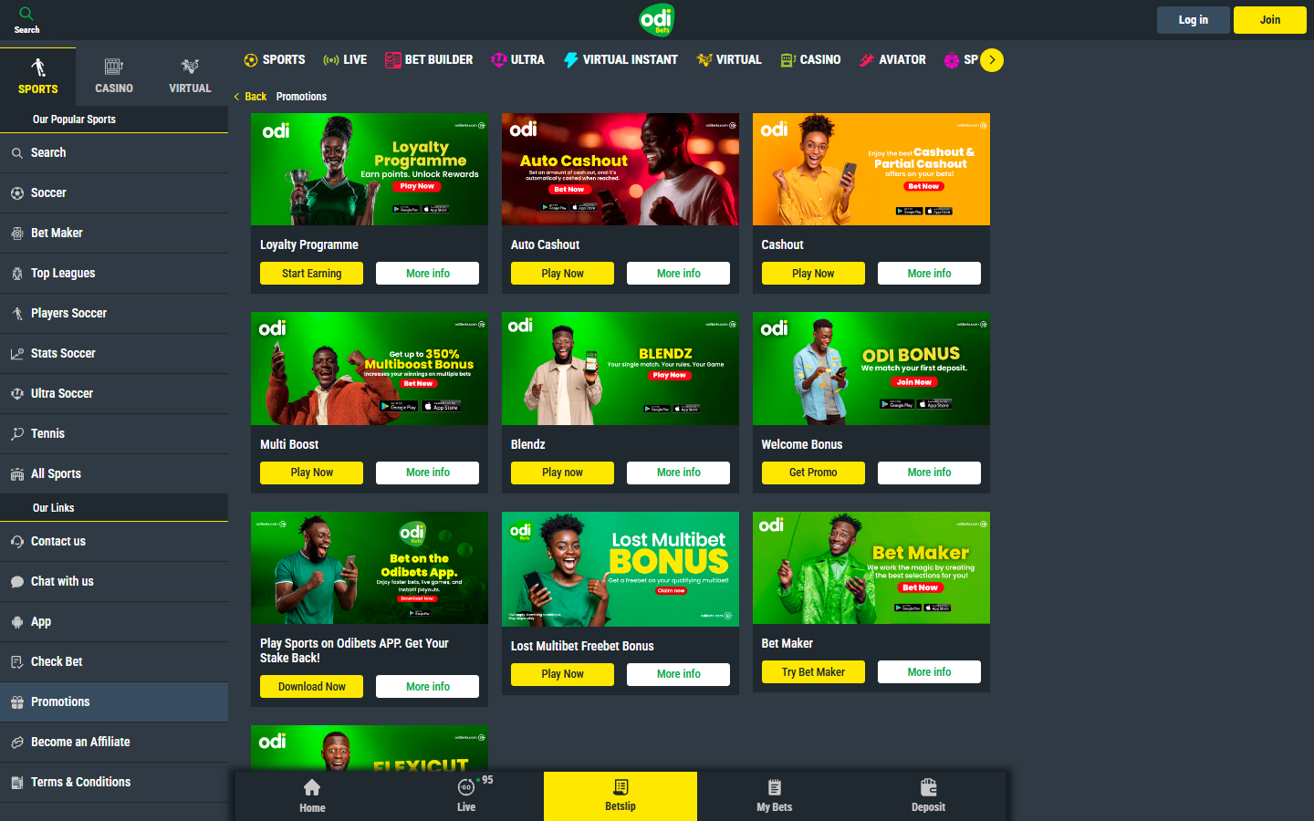 Odibets Ghana promotions wall: Loyalty Programme, Auto Cashout, Cashout and Partial Cashout, 350% Multiboost, Blendz, ODI first-deposit Bonus, Lost Multibet Freebet and Bet Maker