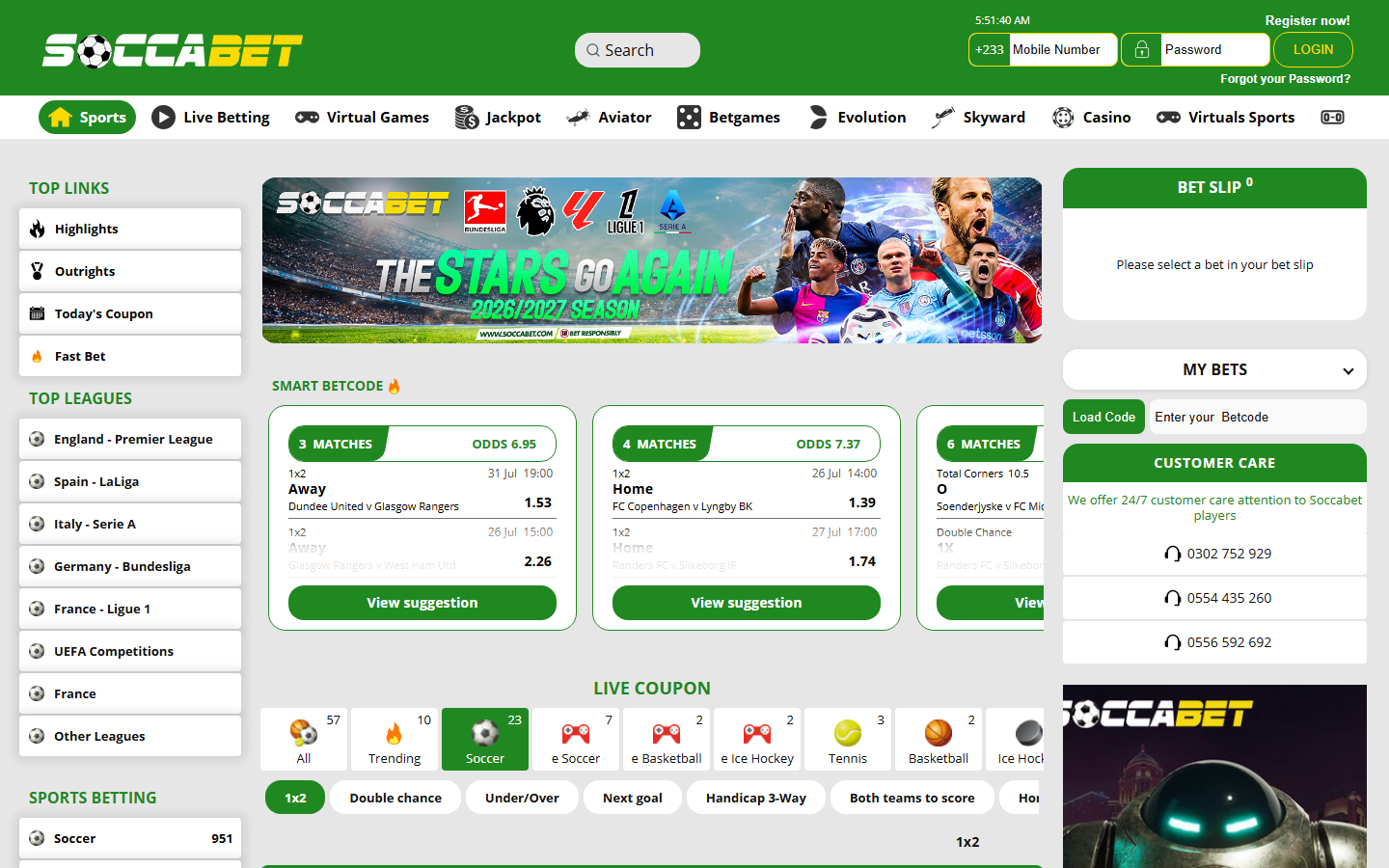 Soccabet Ghana homepage with Aviator, Betgames, Evolution, Skyward, Casino and Virtuals in the navigation, weekly GHS free bet banner and 24/7 customer care numbers
