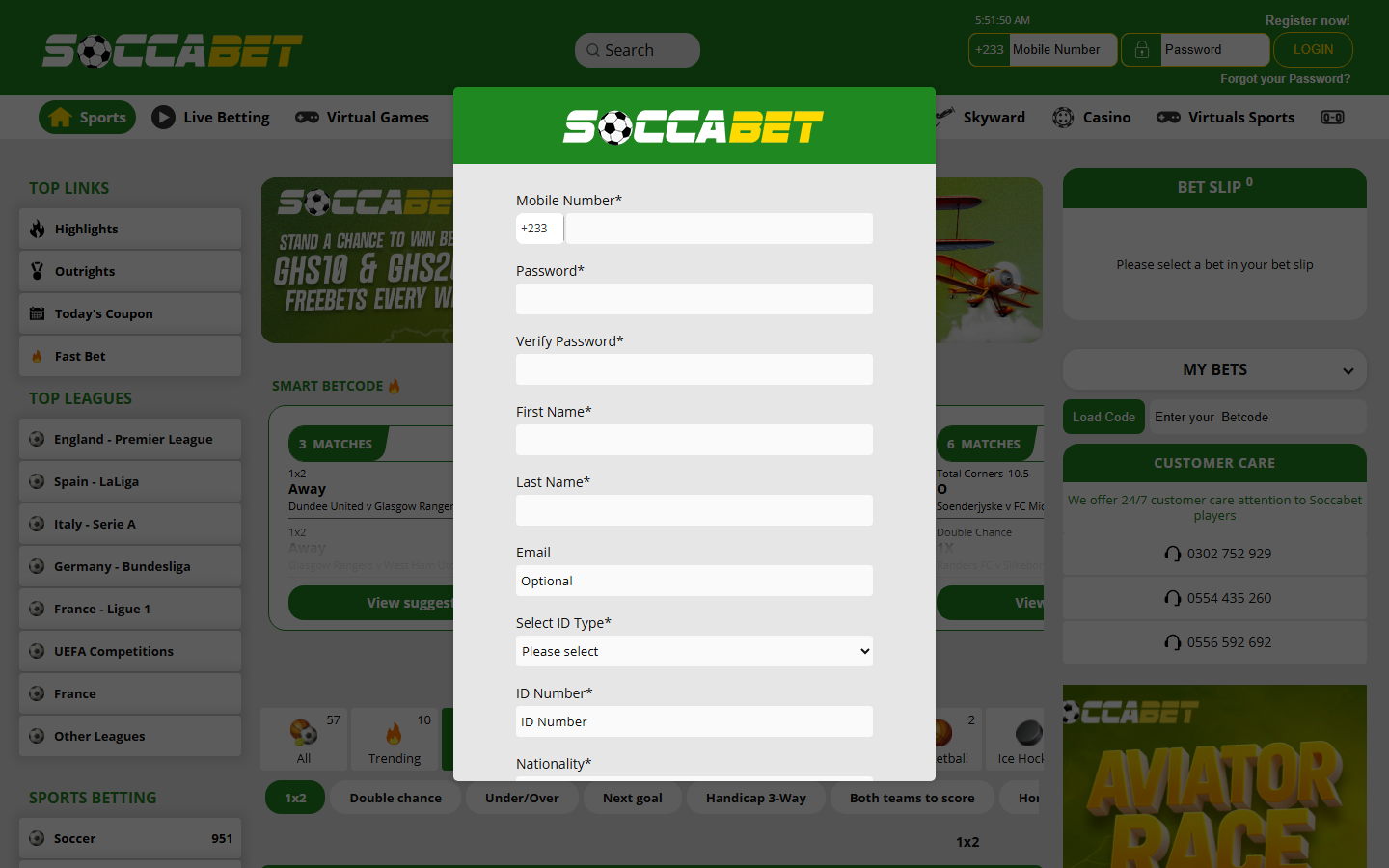 Soccabet Ghana signup modal with +233 mobile number, mandatory ID type and ID number fields, and optional email