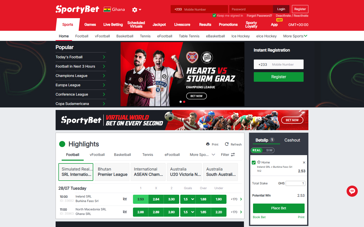 SportyBet Ghana betslip with a 1X2 selection at 2.53, total stake of GHS 1, potential win displayed and the Place Bet and Book Bet buttons active, with a Cashout tab beside the Betslip tab