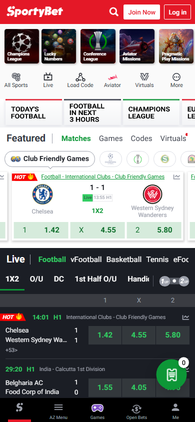 SportyBet Ghana mobile site on a phone-sized screen showing live 1X2 odds and quick links to virtuals and games on one screen
