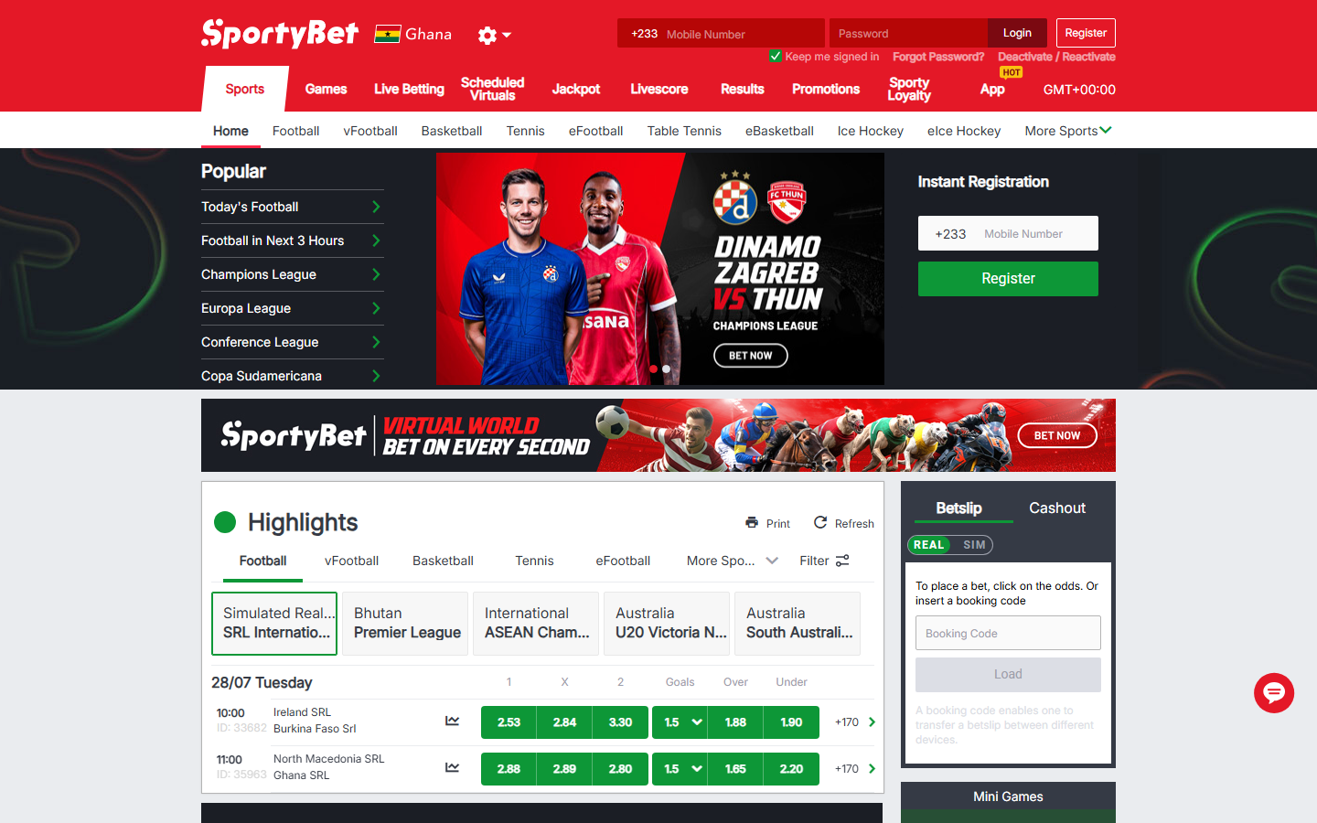 SportyBet Ghana homepage with Ghana flag by the logo, live football odds in the Highlights strip and an Instant Registration panel asking for a +233 mobile number