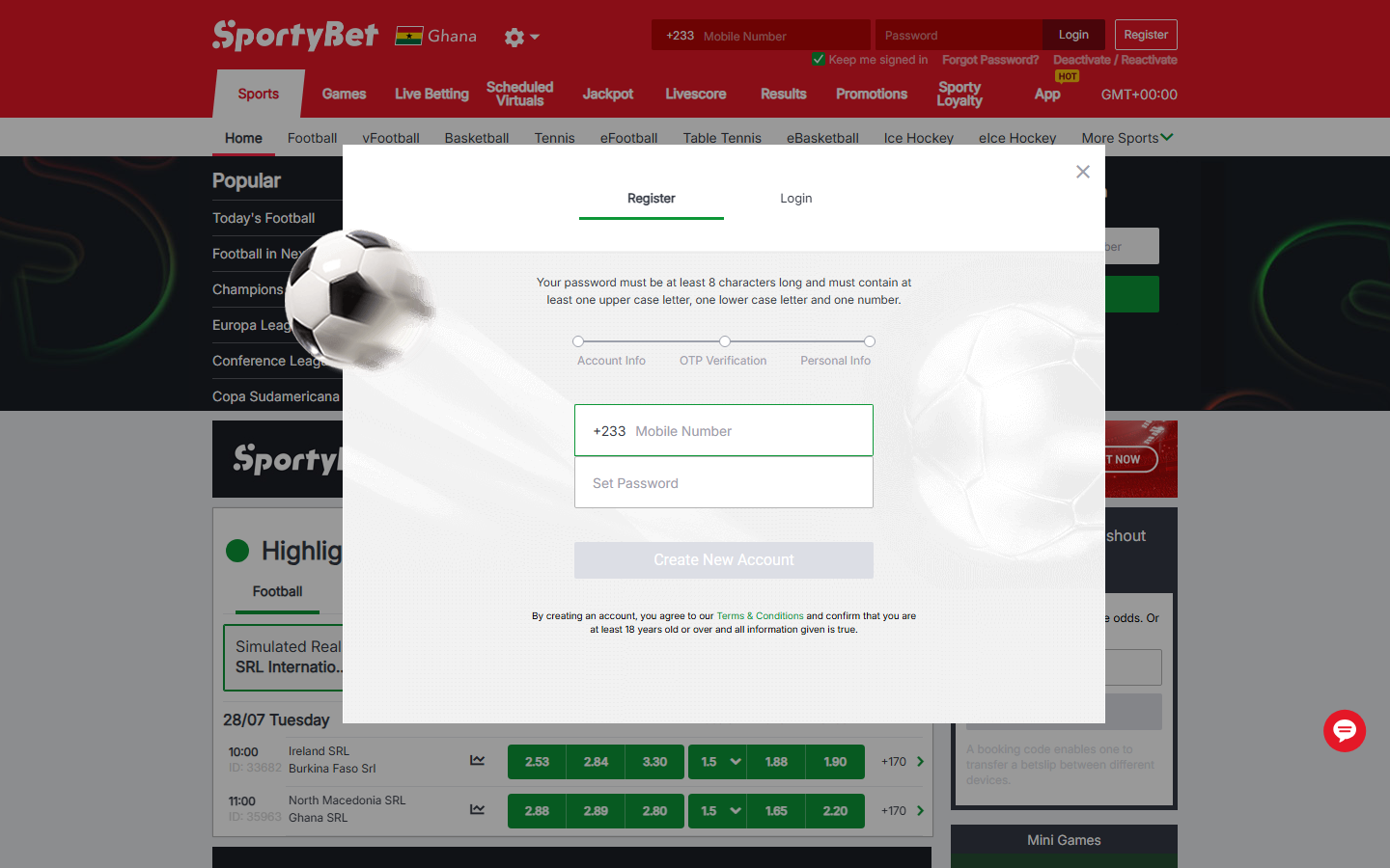 SportyBet Ghana registration modal with three steps: account info with +233 mobile number and password, OTP verification, then personal info, with the 18+ condition stated below the button